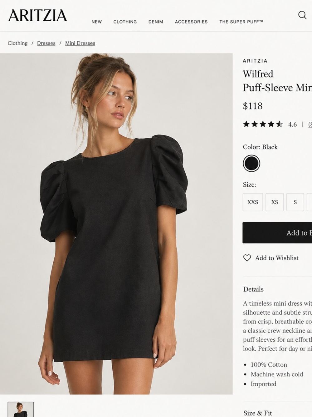 Aritzia Wilfred Puff-Sleeve Mini Dress — Black